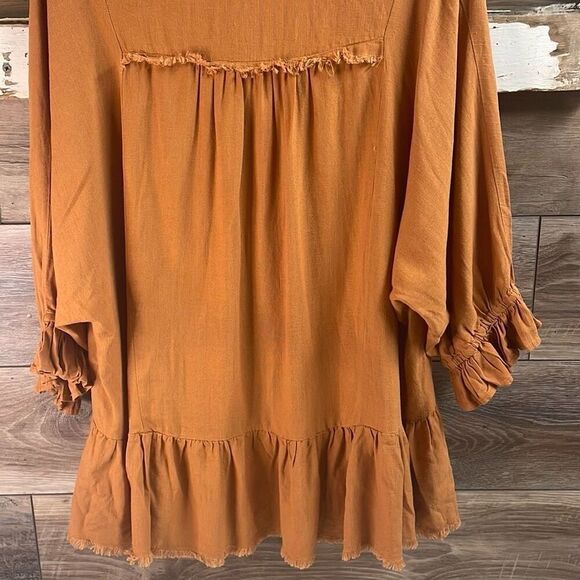 UMGEE Women's Peasant Boho Collared Frayed Edge Top Ruffled Hem Rust Size S - Picture 8 of 10